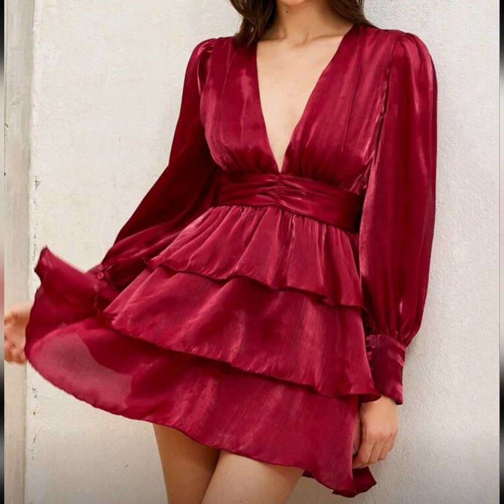 SHEIN Deep Red Long Sleeve Tiered Dress